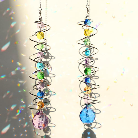 Sun Catchers, 2pcs Gazing Ball Spiral Tail Wind Spinners Crystal Suncatcher Prism Hanging Crystals Rainbow Maker for Windows Indoor Outdoor Garden Car Decorations Christmas Party Gifts for Girls Women