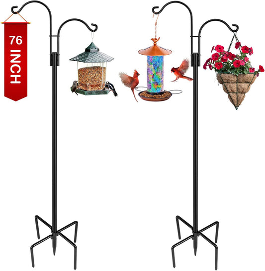 XDW-GIFTS Double Shepherds Hooks for Outdoor, 2-Pack Heavy Duty Garden Pole for Hanging Bird Feeder, Plant Baskets, Solar Light Lanterns, Garden Plant Hanger Stands with 5 Base Prongs