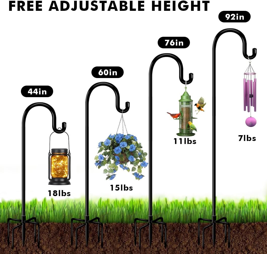 Shepherds Hooks for Outdoor Bird Feeder Poles 76inch, Heavy Duty Hummingbird Feeder Hanger for Hanging Plants Basket, Adjustable Wind Chimes Stand, 2 pcs