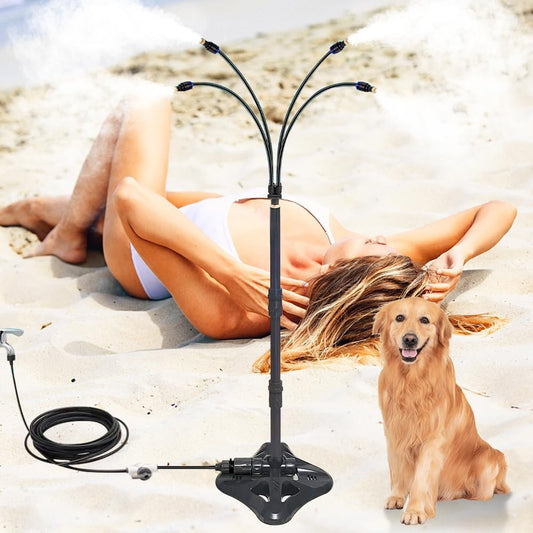 UR Forest Updated Standing Misting Cooling System 26FT Misting Line + 4 Brass Misting Nozzles,4 Height Option, Stand Mister Hose for Outside Outdoor Patio, Pet Cooling, Kids Water Playing