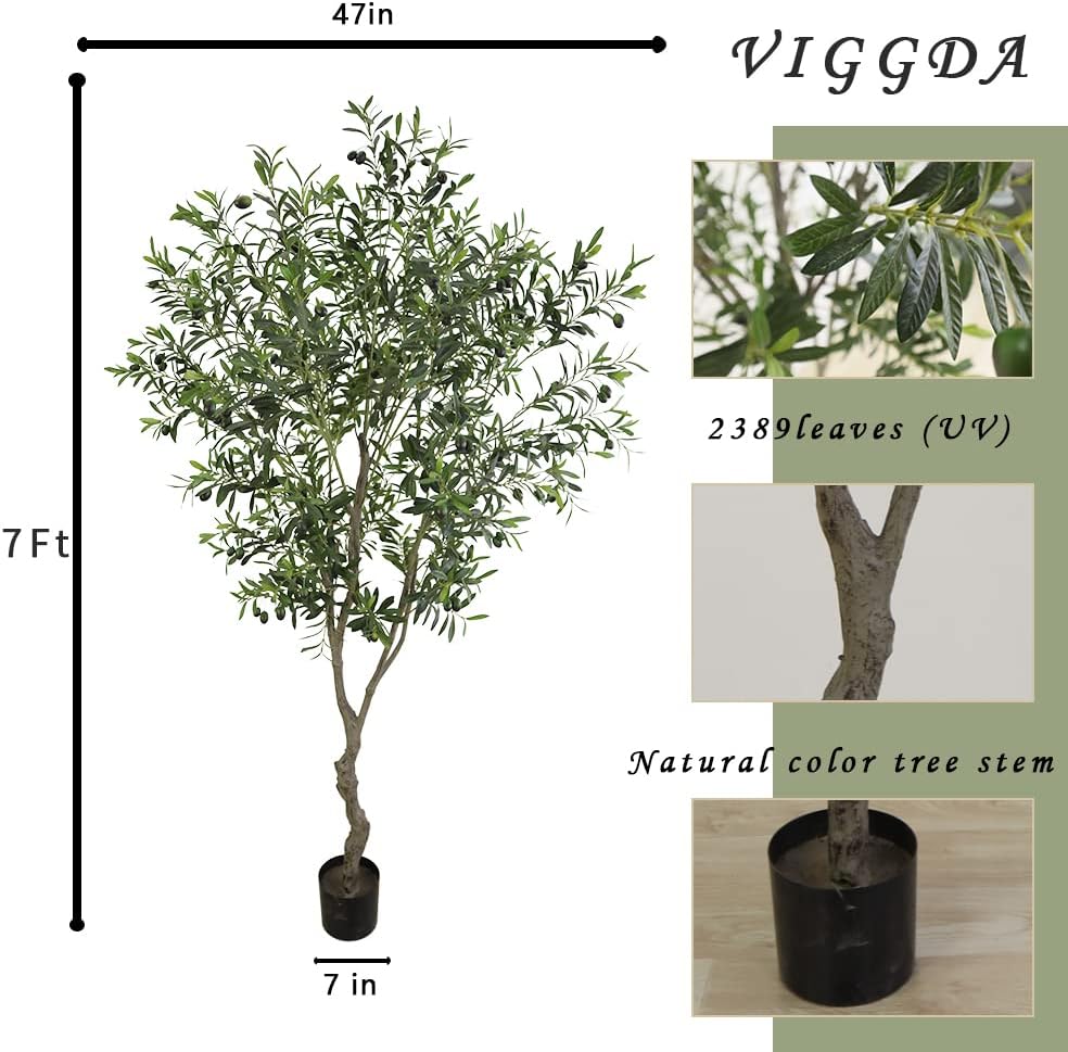 Artificial Tree Faux Olive Tree 7ft (82in,UV Protection 2289 Leaves) Tall Fake Olive Plant in Pot Fake Silk Tree Faux Plants Indoor