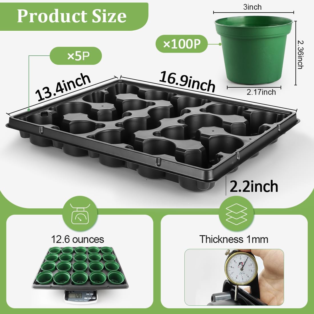 3 Inch Nursery Pots 100 Pcs with 5 Pcs 20 Cell Nursery Pot Trays, 5 Sets Seed Starting Kit for Seedlings, Propagation and Home Gardening, Sturdy Green Seeds Starter Pot Tray Germination Set