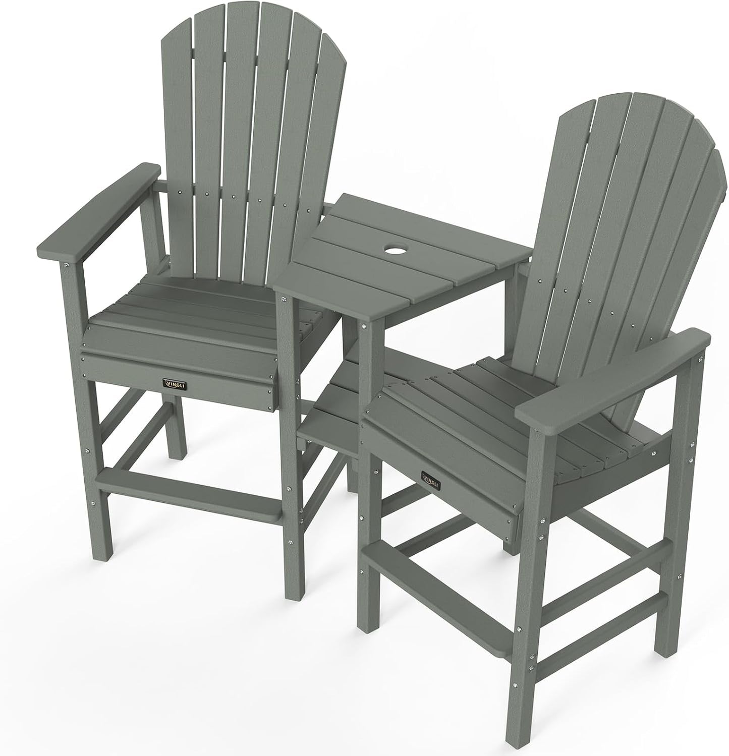VINGLI Tall Adirondack Chairs Set of 2, HDPE Balcony Chair with Double Connecting Tray Weather Resistant Outdoor Bar Stools for Patio Deck Lawn Pool Backyard (Grey)