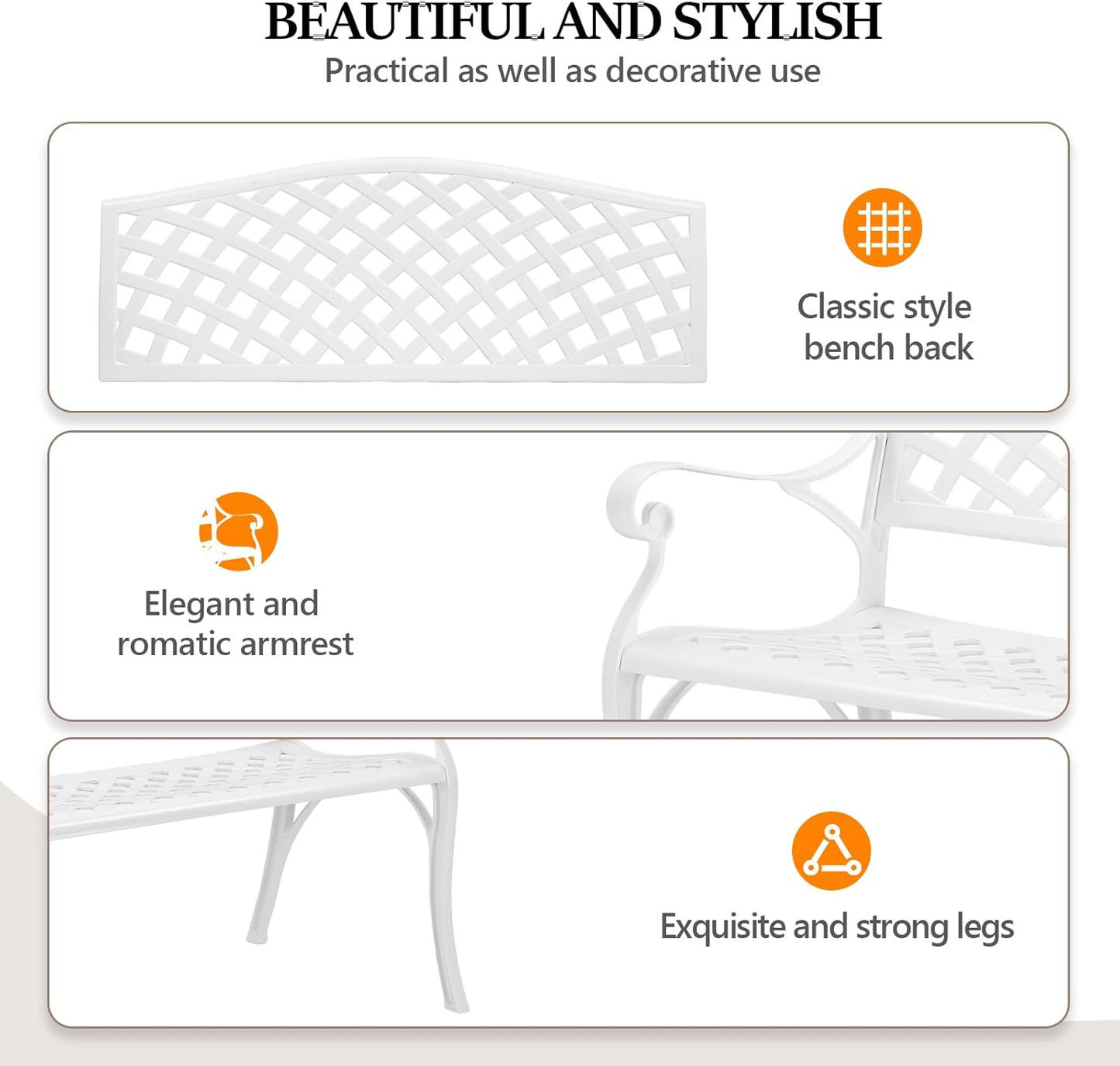 VINGLI 40.5" Patio Garden Bench,Anti- Rust Cast Iron Cast Aluminum Frame for Outdoor Path Yard Lawn Work Entryway Decor Deck (White)