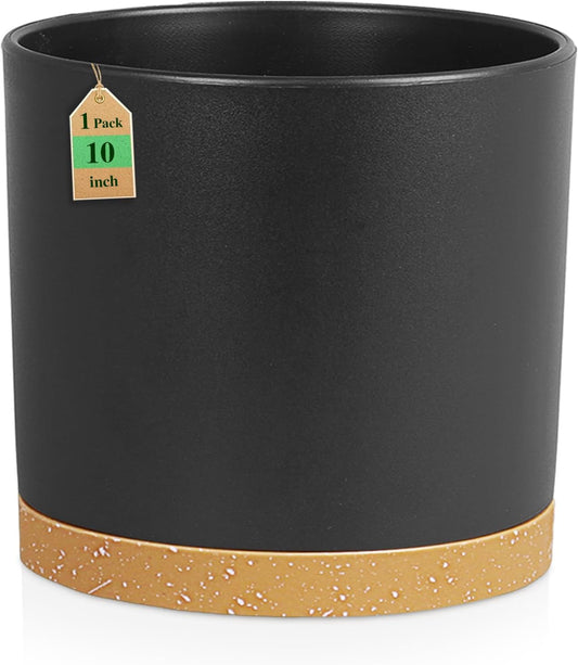10 Inch Large Deep Plant Pots for Indoor Outdoor, Tall Cylinder Flower Pots with Drainage Holes & Saucer, Big Plastic Planter Pots for Garden House Plants, Black with Brown