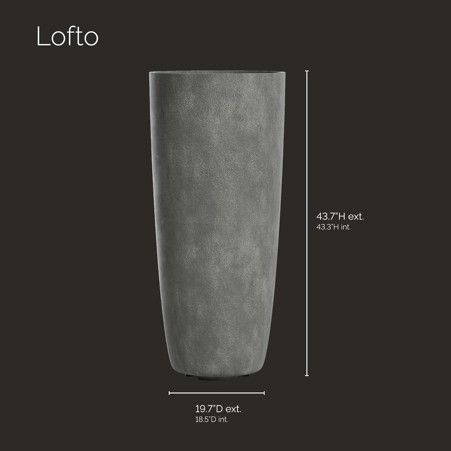 Lofto Tall Planter – Grey Stone Finish – Fiberglass Indoor/Outdoor and Weather-Resistant Large Planter (19.7" D x 43.7" H Exterior, 18.5" D x 43.3" H Interior)