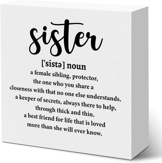 Sister Birthday Gifts Wooden Box Sign, Sister Definition Quotes Wooden Signs, Best Gifts for Bestie Girls, Positive Decor for Farmhouse Home Desk Shelf Tabletop 5 X 5 Inches