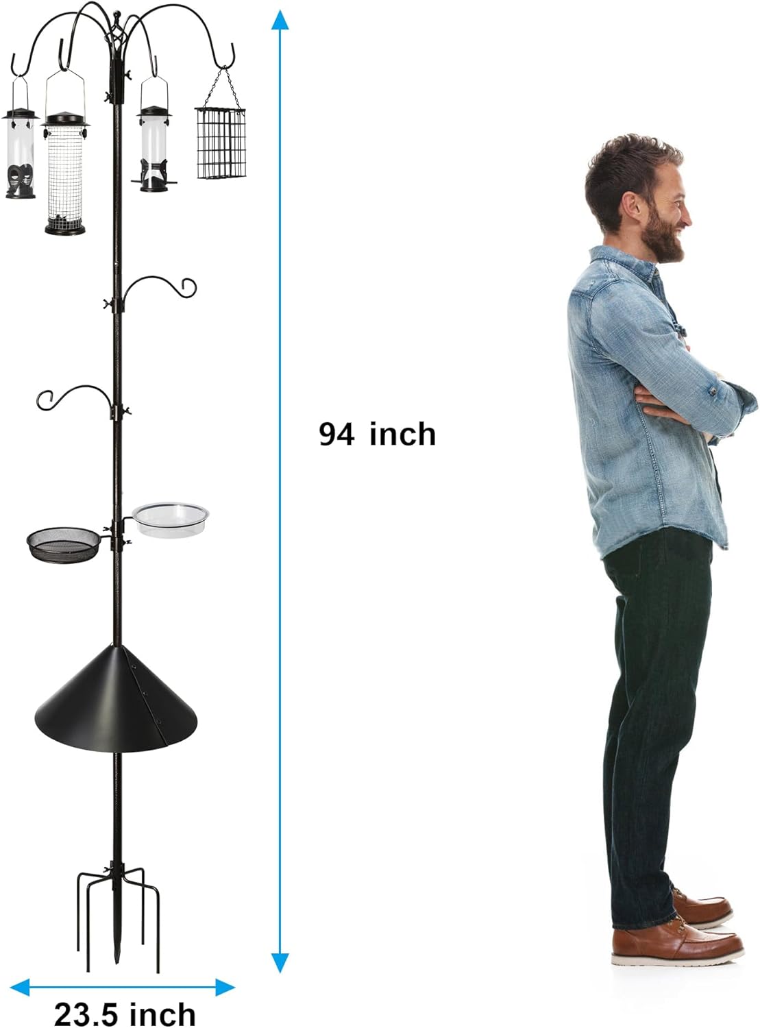 6-Hook Bird Feeding Station, Steel Multi-Feeder Kit Stand for Attracting Wild Birds w/ 4 Bird Feeders, Bird Bath, Mesh Tray and Squirrel Guard Baffle，94 Inch