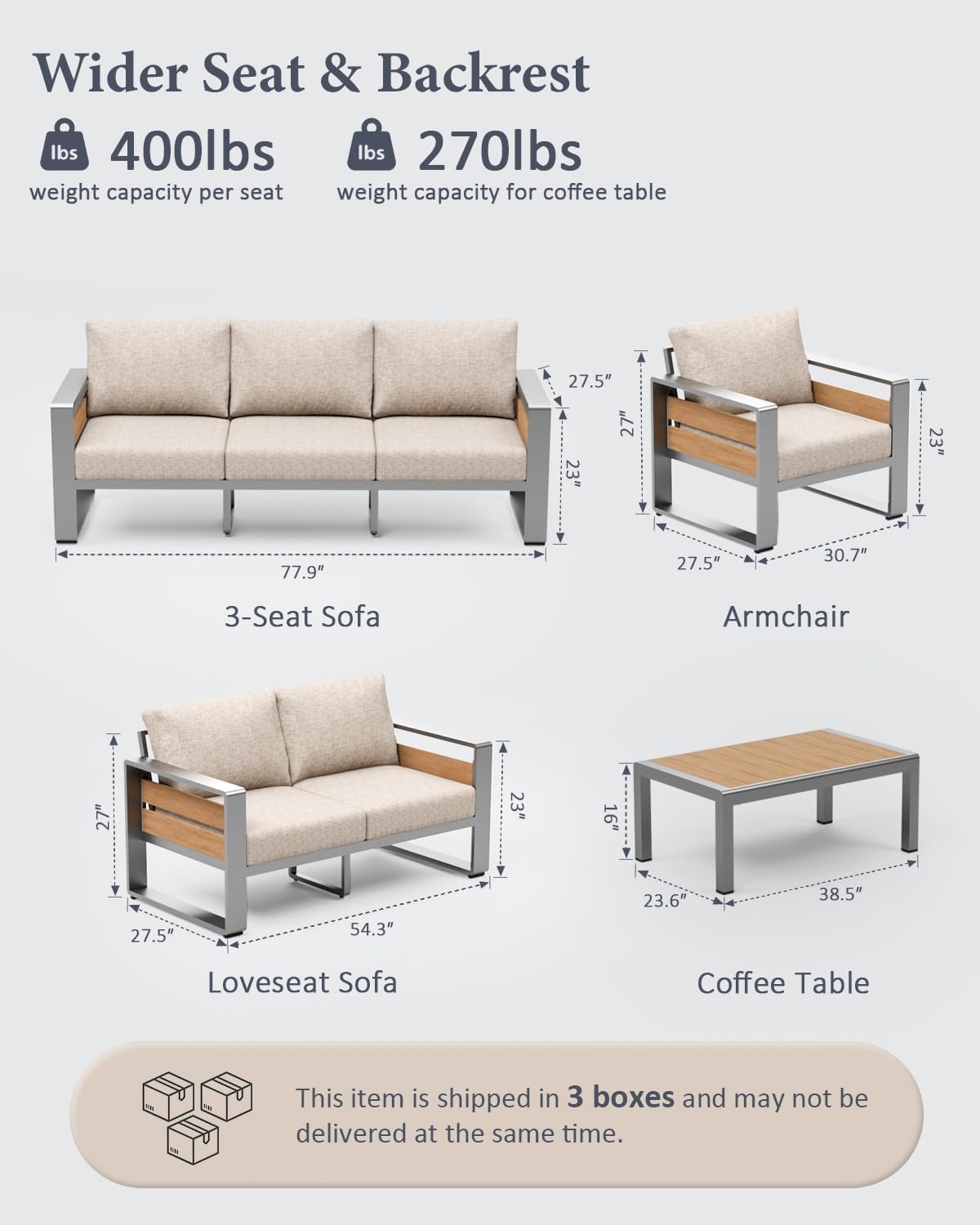 ZANDOR Outside Aluminum Lawn Furniture - 1 Pcs Loveseat, All-Weather Metal Modern Outdoor Loveseat Sofa with Washable Thick Cushion for Garden/Backyard/Porch, Silver