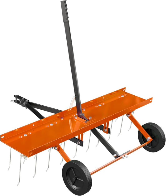 48 Inch Orange Tow-Behind Dethatcher with 24 Spring Steel Tines, Pull Dethatcher for Outdoor Yard Care, Garden Farm Grass Tractor Rake to Remove Thatch, Leaves and Needles from Large Lawn Areas