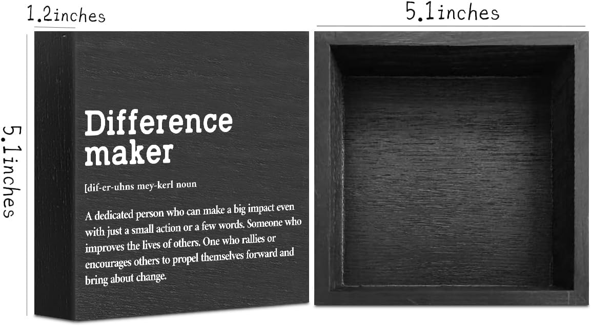 Difference Maker Definition Wooden Box Sign, Rustic Inspirational Home Office Decor, 5 x 5 Inches, Black, Square
