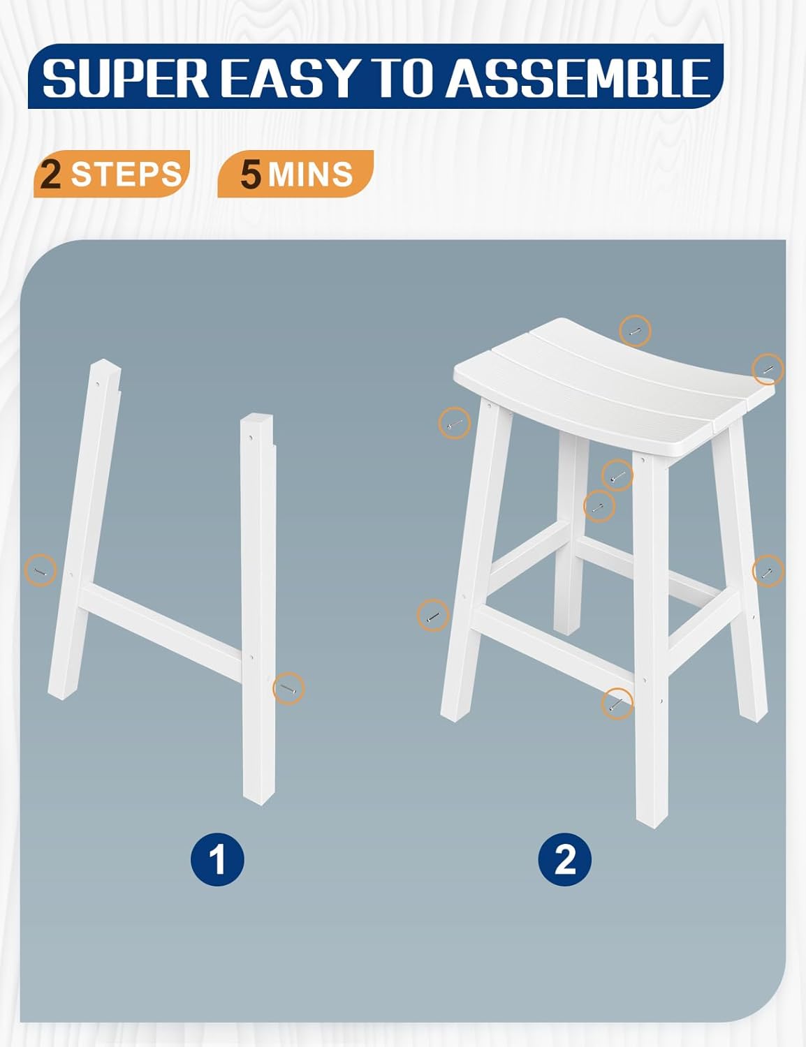 Weatherproof Bar Stools Set of 2, 28" Height Outdoor Bar Stools Holds up to 400 lbs, Saddle Seat, Bar Height Stools for Patio, Garden, and Kitchen Island, White