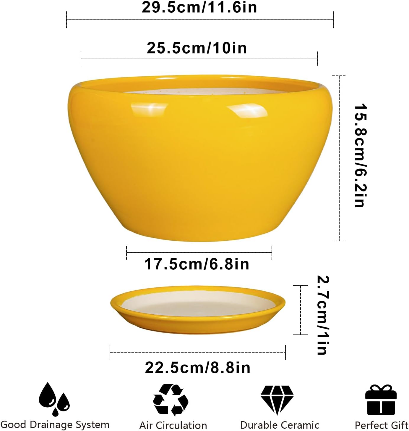 Indoor Planter 11 Inch - Decorative Mid-Century Large Ceramic Plant Pot for Outdoor Plants with Drainage Hole and Saucer, Home Balcony House Garden Patio Office Room Decor, Yellow