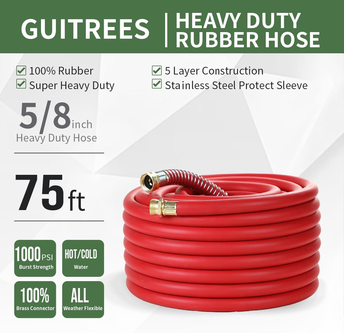 75FT 5/8 Heavy Duty Rubber Garden Hose - 200psi Working, 1000psi Burst - Hot/Cold Water - Five-Layered Braiding for Durability - Versatile for Gardening, Agriculture, Construction(Red)