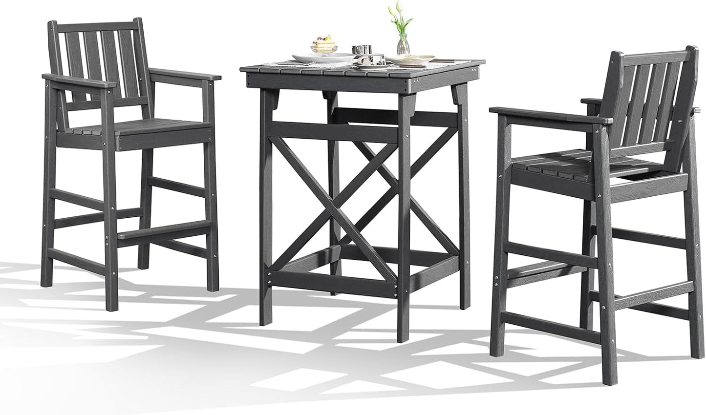 3-Piece Adirondack Chairs and Table Set, HDPE Patio Bar Sets, All Weather Outdoor Bar Stools Set, HDPE Adirondack Bar Height Chairs and Bar Table for Balcony, Pool, Porch, Smoke Gray