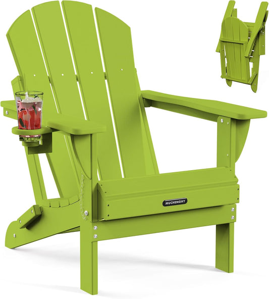MUCHENGHY Folding Adirondack Chairs, Patio Chairs, Lawn Chairs, Outdoor Chair, Adirondack Chair Plastic, Fire Pit, Weather Resistant with Cup Holder for Deck, Backyard, Garden(Lemon Green)