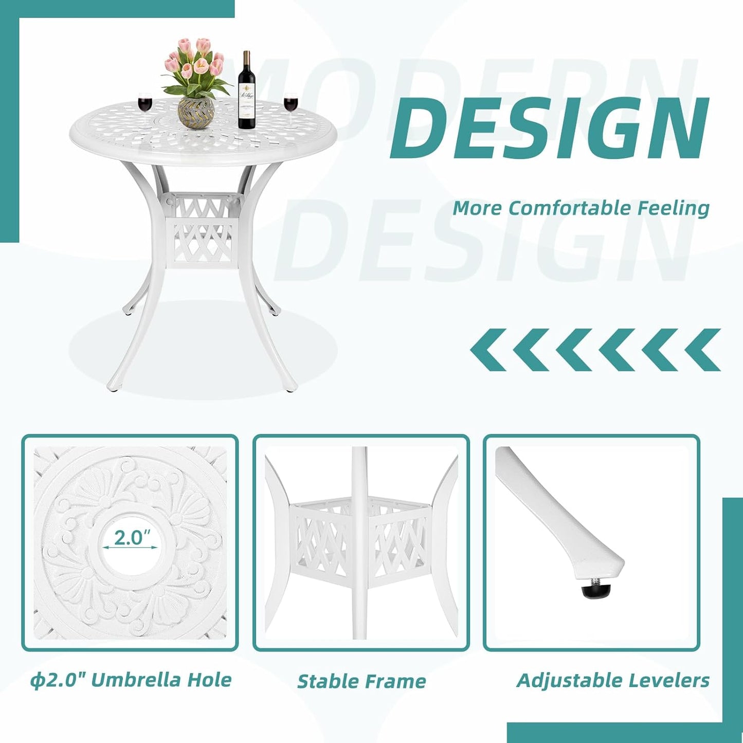 MEETWARM 3 Piece Patio Bistro Set, Outdoor All-Weather Cast Aluminum Dining Furniture Set Includes 2 Chairs and a 31” Round Table with Umbrella Hole for Garden Deck, White