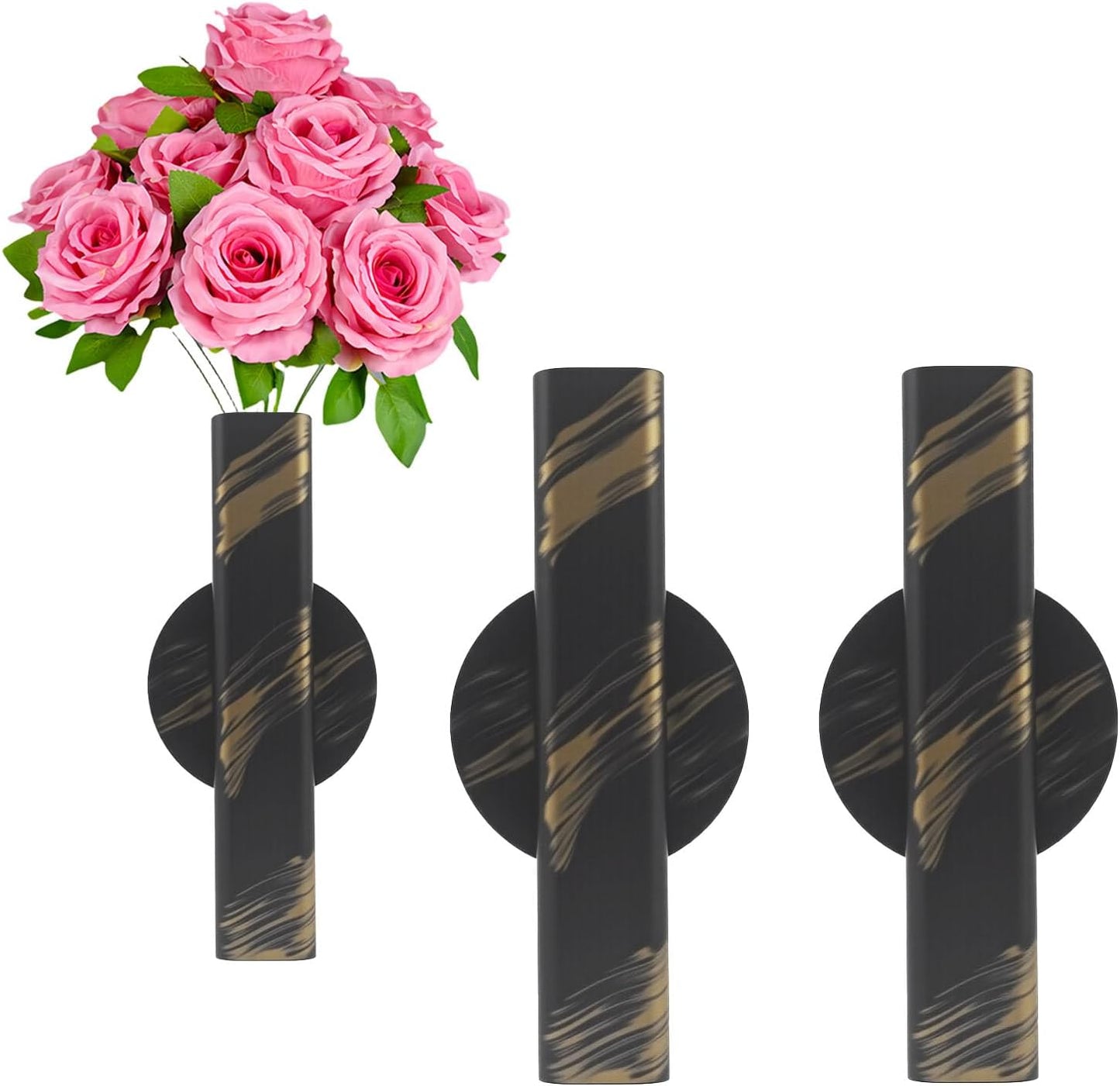 Self Adhesive Wall Vase Metal Tube Decoration Holder Used to Display Dried Flower, Faux Flowers, Fake Flowers, Also Suitable for Cemetery Memorial Decoration (2 Pcs Black and Gold Stripe)