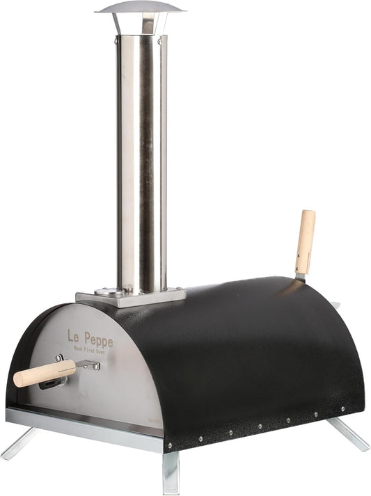 Le Peppe Portable Wood-Fired 12in Pizza Oven - Up to 900 Degrees in Minutes - Wood Chunks, Chips, Pellets and Charcoal - Double-Walled Steel with Fire Blanket Insulation - Black