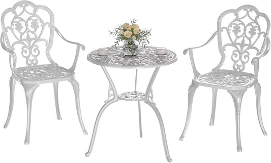 Patio Bistro Set of 2, Cast Aluminum, Outdoor Set w/Umbrella Hole, 3 Piece Table and Chairs Set, Bistro Set for Backyard/Garden/Lawn, White
