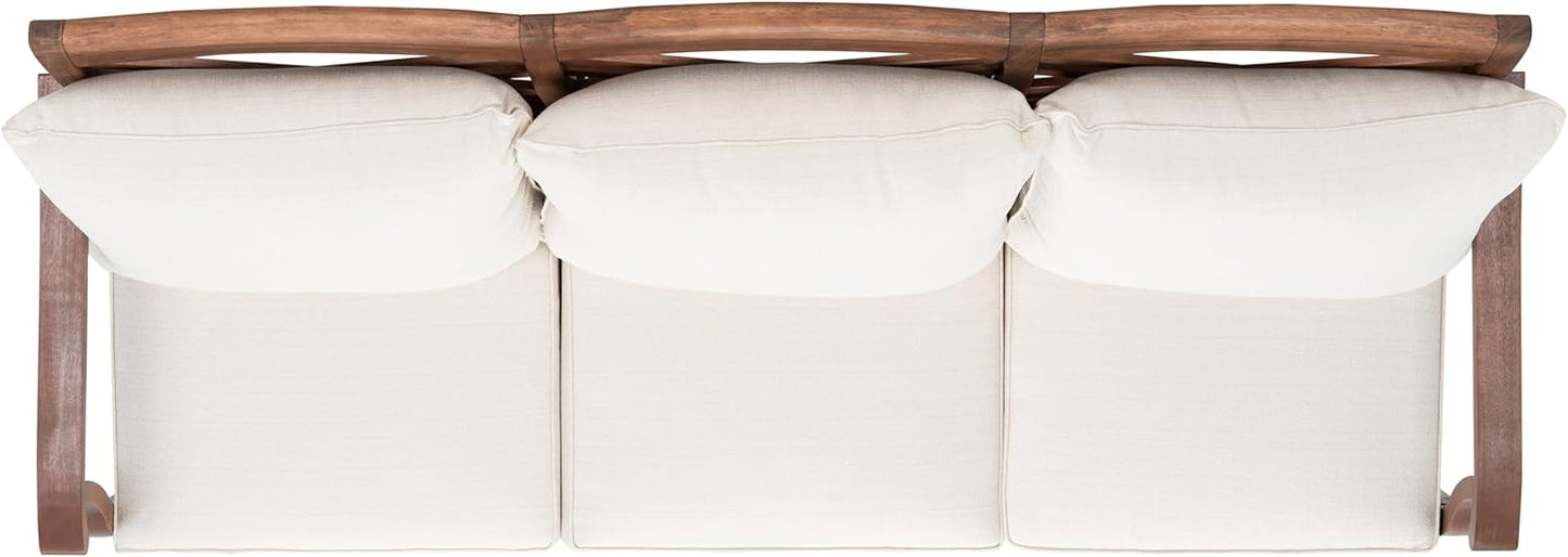 SAFAVIEH Couture Home Collection Payden Natural Wood/Beige Cushion 3-Seat Outdoor Patio Sunroom Porch Backyard Veranda Sofa