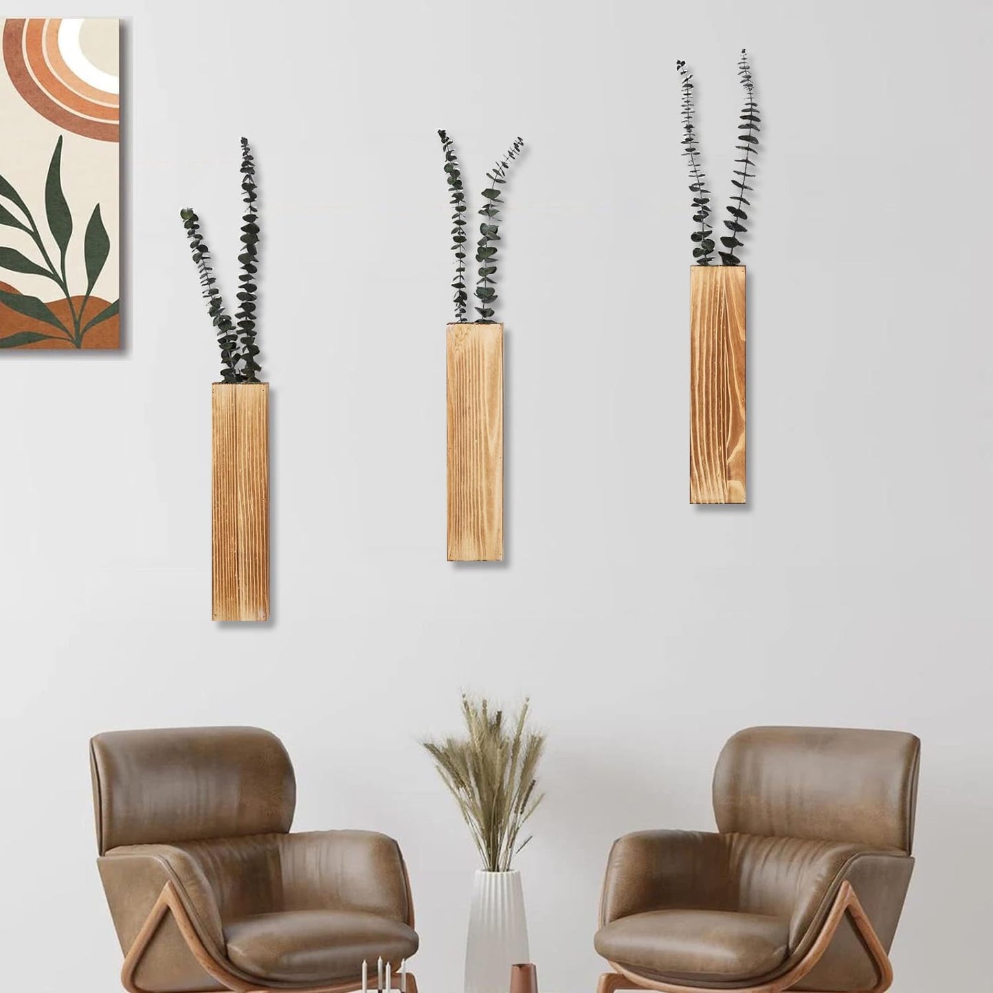 Wooden Wall Planter Set of 3 - Modern Home Decor for Living Room, Bedroom, Bathroom - Brown Finish Planter for Dried Flowers, Faux Greenery, Indoor Plants