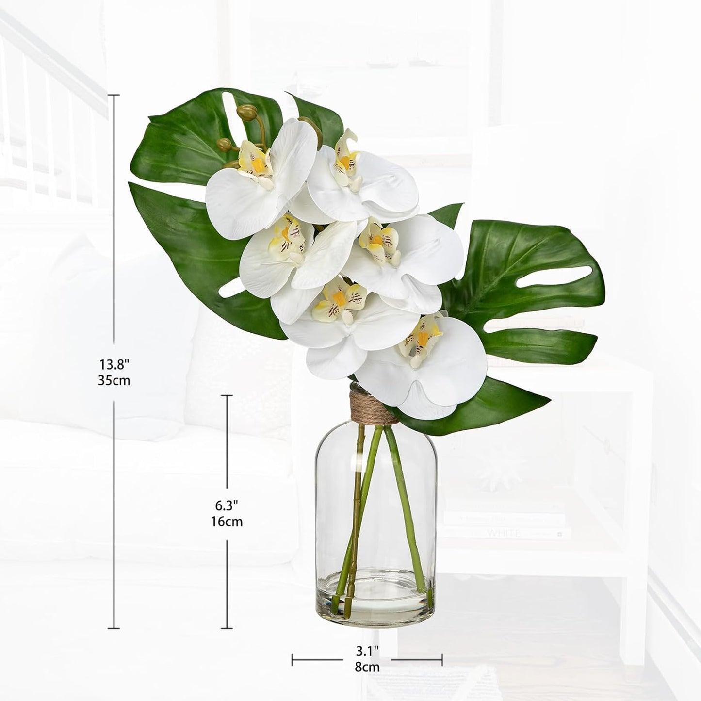 Artificial Monstera Plant and Fake Orchid in Glass Vase, 13.8" Real Touch Fake Plant Tropical Leaves Orchids Artificial Flowers with Faux Water for Home Bathroom Kitchen Office Centerpiece Room Décor
