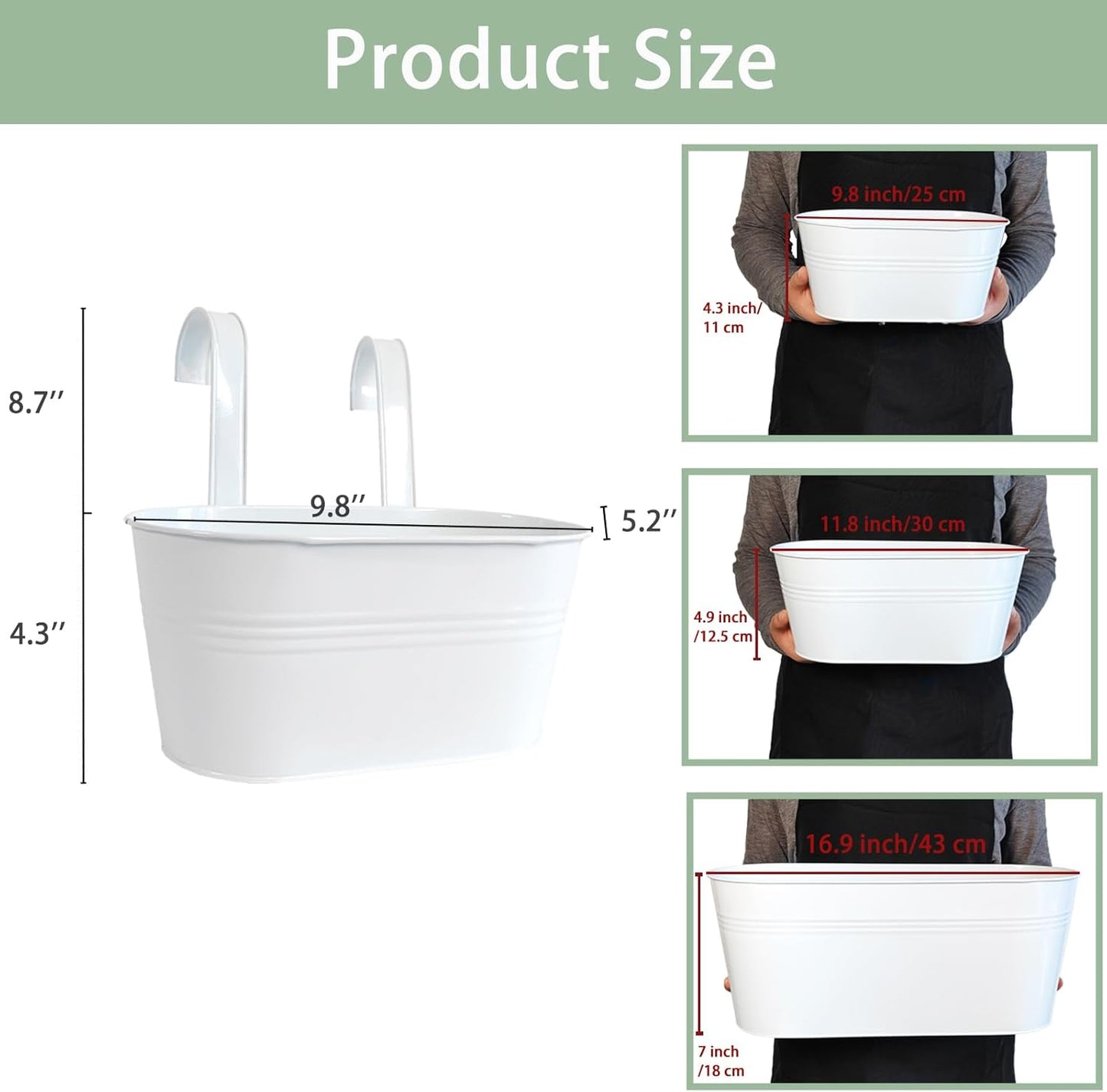 10" Hanging Flower Pots, Pack of 4 White Metal Outdoor Patio Balcony Planter, Railing Planters Fence Pot with Detachable Hook & Drainage Hole for Small Plants (White, 4Pcs)