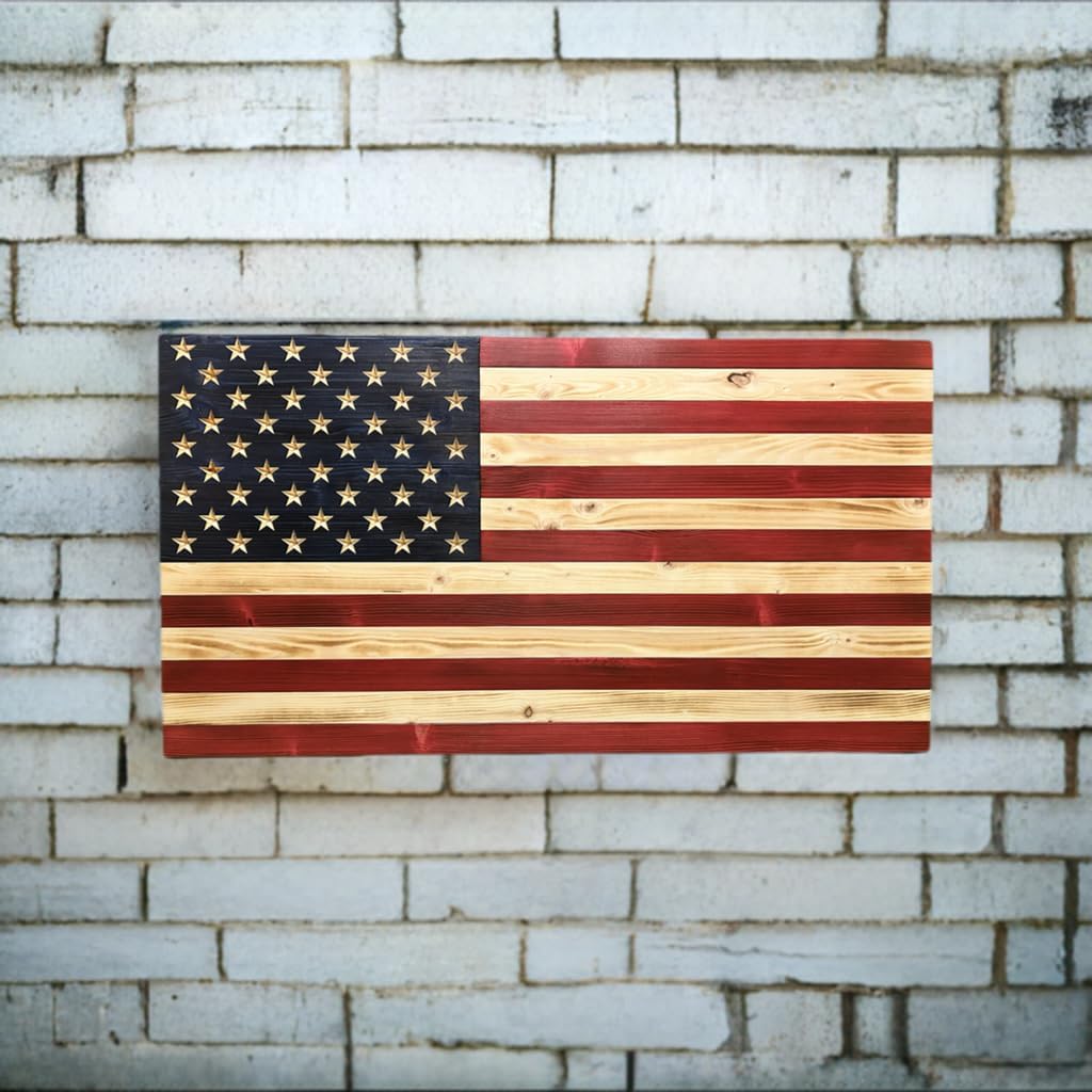 Rustic Wooden American Flag, Patriotic Wall Art (Natural Finish, 26x47)