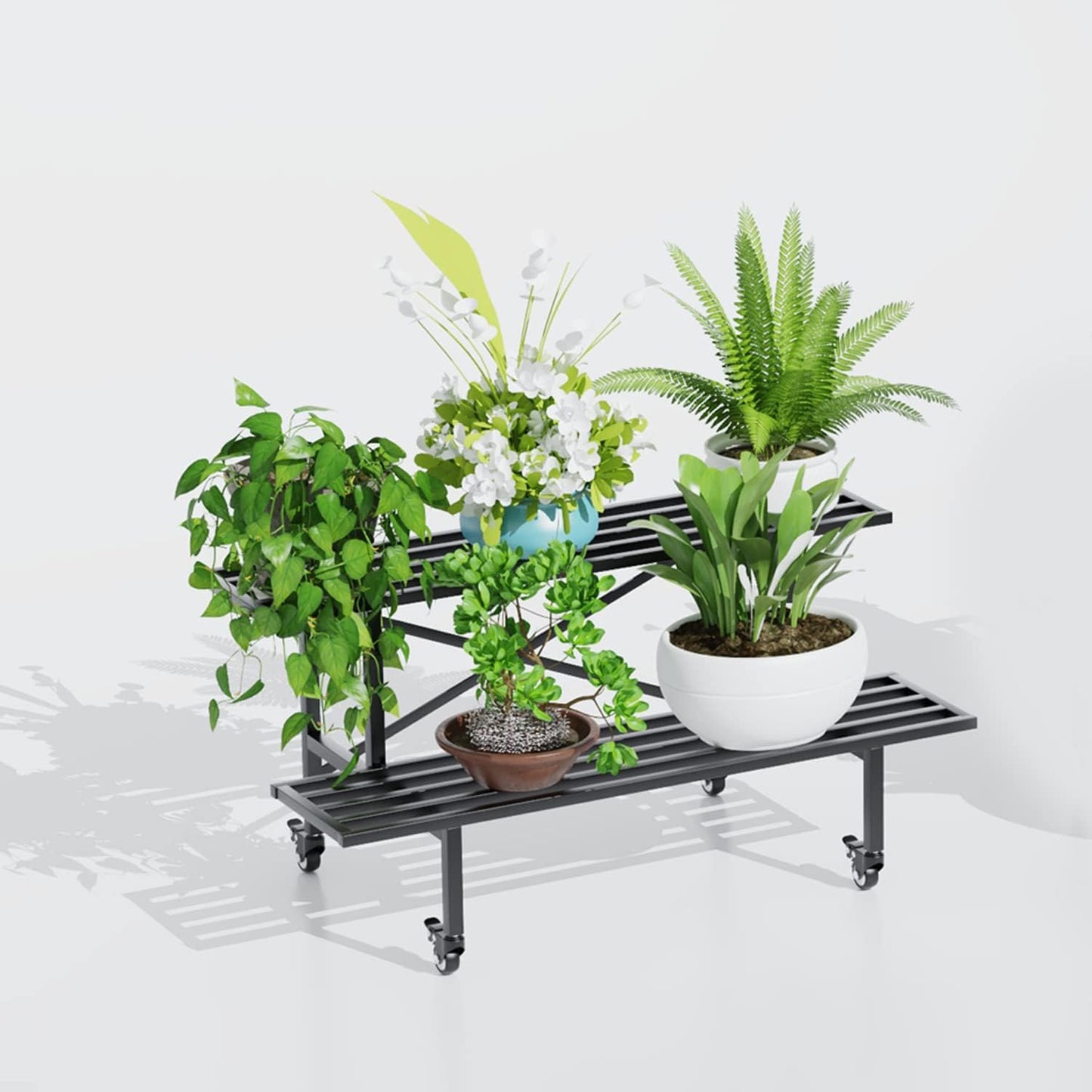 Zhongma 2 Tier Sturdy Metal Plant Stand with Wheels Heavy Duty Plant Holder for Home Indoor and Outdoor,L45.67 x W17.5 x H16.14 inch,440 LBS Capacity & Heavy Duty Construction