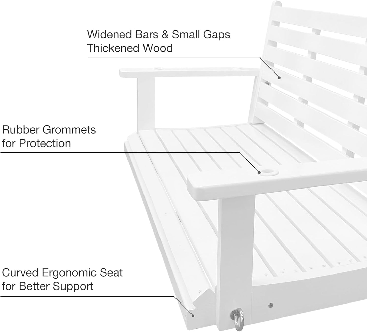 Wooden Porch Swing, Ergonomic Seat, Bench Swing with Hanging Chains and 7mm Springs, Heavy Duty 880 LBS, for Outdoor Patio Garden Yard (High Gloss White, 2-Seater Extra Large)