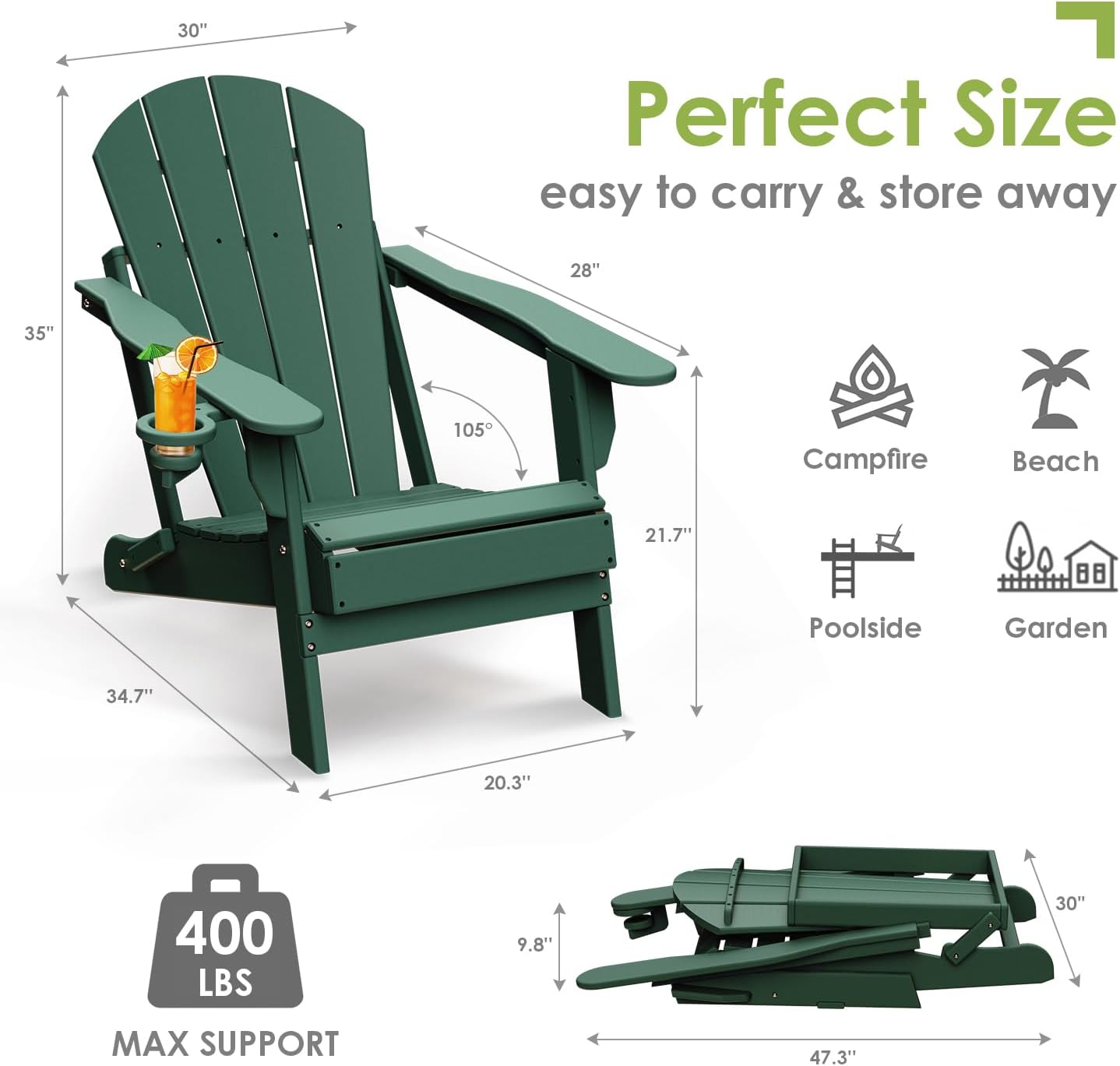 GREENVINES Folding-Adirondack-Chair | HDPE Plastic | Fire Pit Chairs | All Weather | Cup Holder | Forest | for Deck Backyard Patio Outdoor Garden