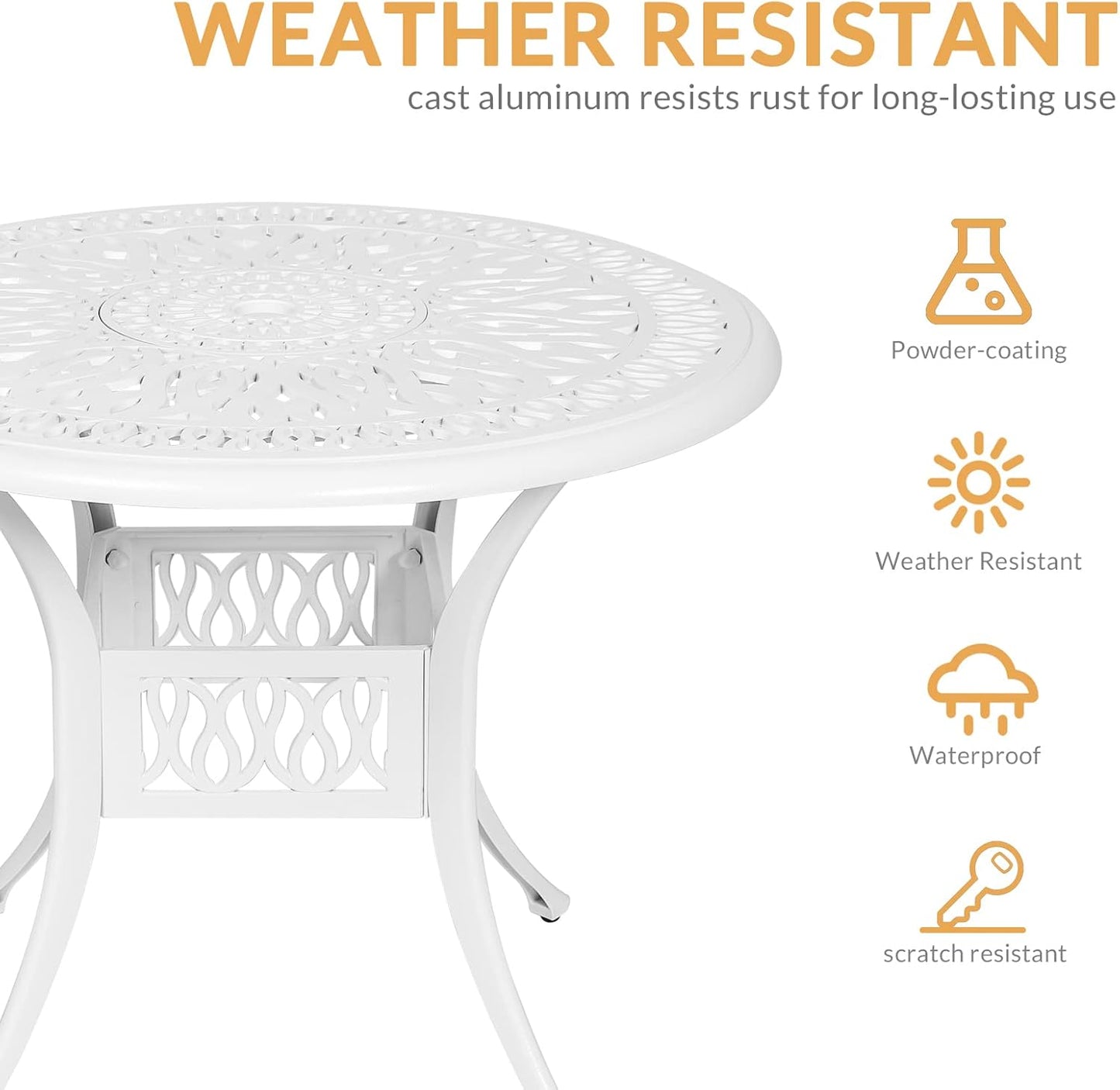 3-Piece Outdoor Patio Dining Set, All-Weather Cast Aluminum Patio Furniture Set for Backyard Garden Deck with 2 Cushioned Chairs and 35.4” Round Table, 2" Umbrella Hole, White