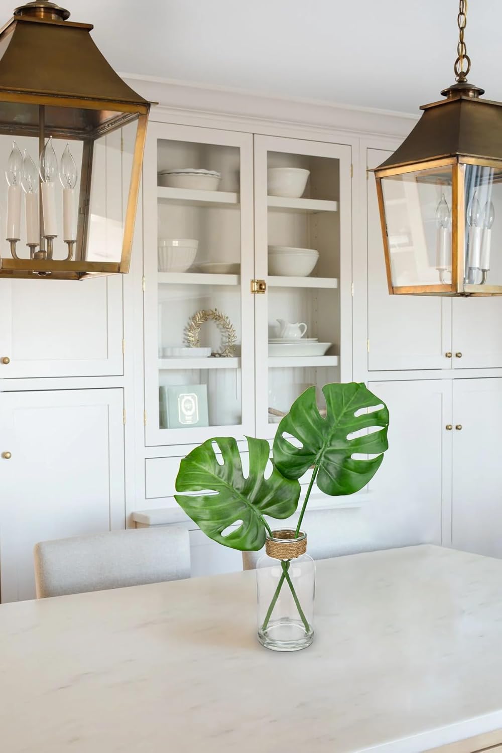 Artificial Plant in Glass Vase with Faux Water, Fake Monstera Plant Real Touch Faux Plants Tropical Leaves Fake Greenery Stems for Home Office Farmhouse Wedding Centerpiece Décor