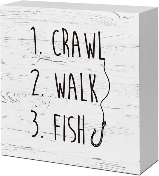 White Crawl Walk Fish Rustic Wooden Sign Desk Decor, Funny Baby Fishing Wood Block Sign for Home Bedroom Baby Room Shelf Table