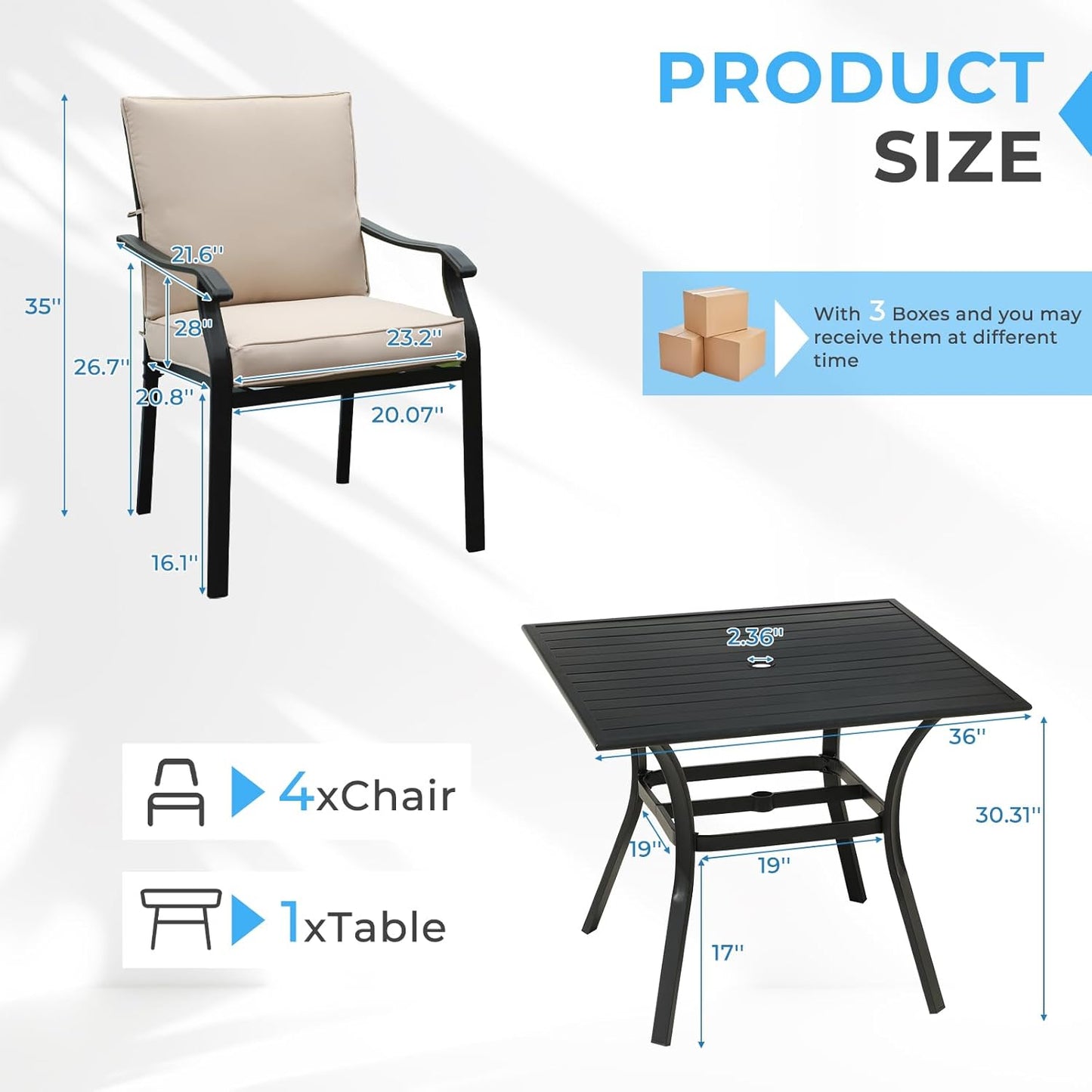 5-Piece Outdoor Patio Dining Set, Outdoor Metal Chairs & Square Metal Patio Table, All Weather Outdoor Furniture Dining Set for Patio, Balcony, Lawn, Garden, Backyard (1 Square Table+ 4 Chairs)