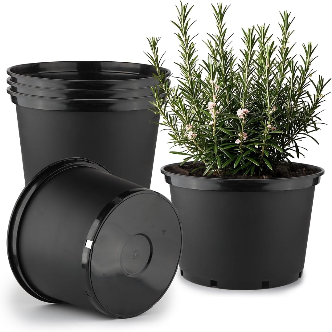 10 Gallon Plastic Nursery Pots, 16 Inch Round Plant Pots with Drainage Holes, 5 Pack Large Garden Flower Pots for Outdoor Indoor Plants, Gardening Gifts for Women, Black
