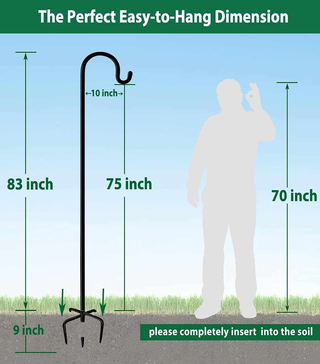 Artibear Adjustable Outdoor Shepherd Hook Stand with 5 Prong Base, 92 Inches Tall 3/5 in Thick, Shiny Black (2 Packs)