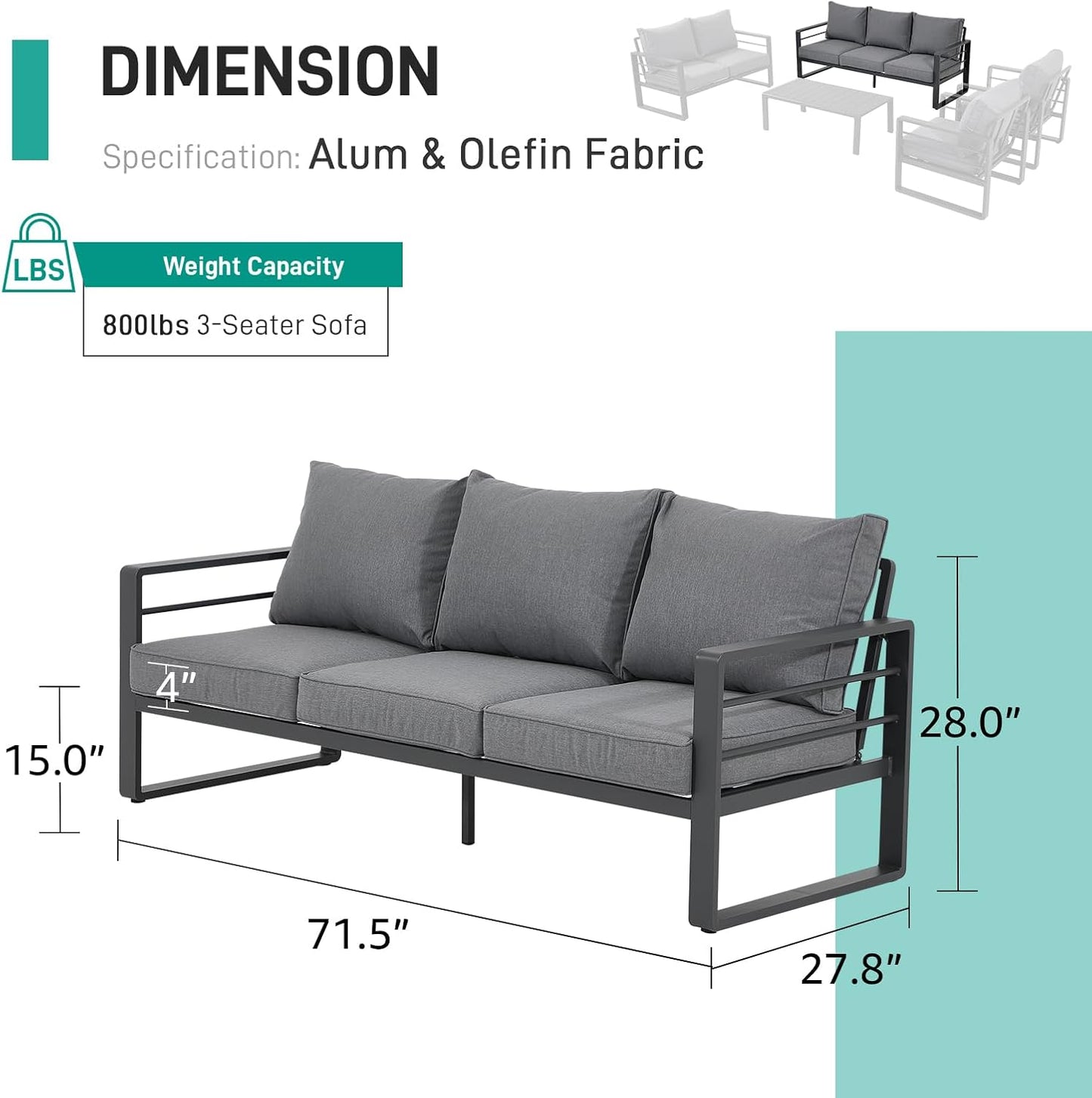 Patiorama Aluminum Patio Furniture Set, Outdoor Patio 3-Seater Sofa, 3 Seats Couch, All Weather Dark Grey Metal Chair with Olefin Cushion, Deep Seating, 800 lbs Capacity, Deck, Garden-Grey Cushion