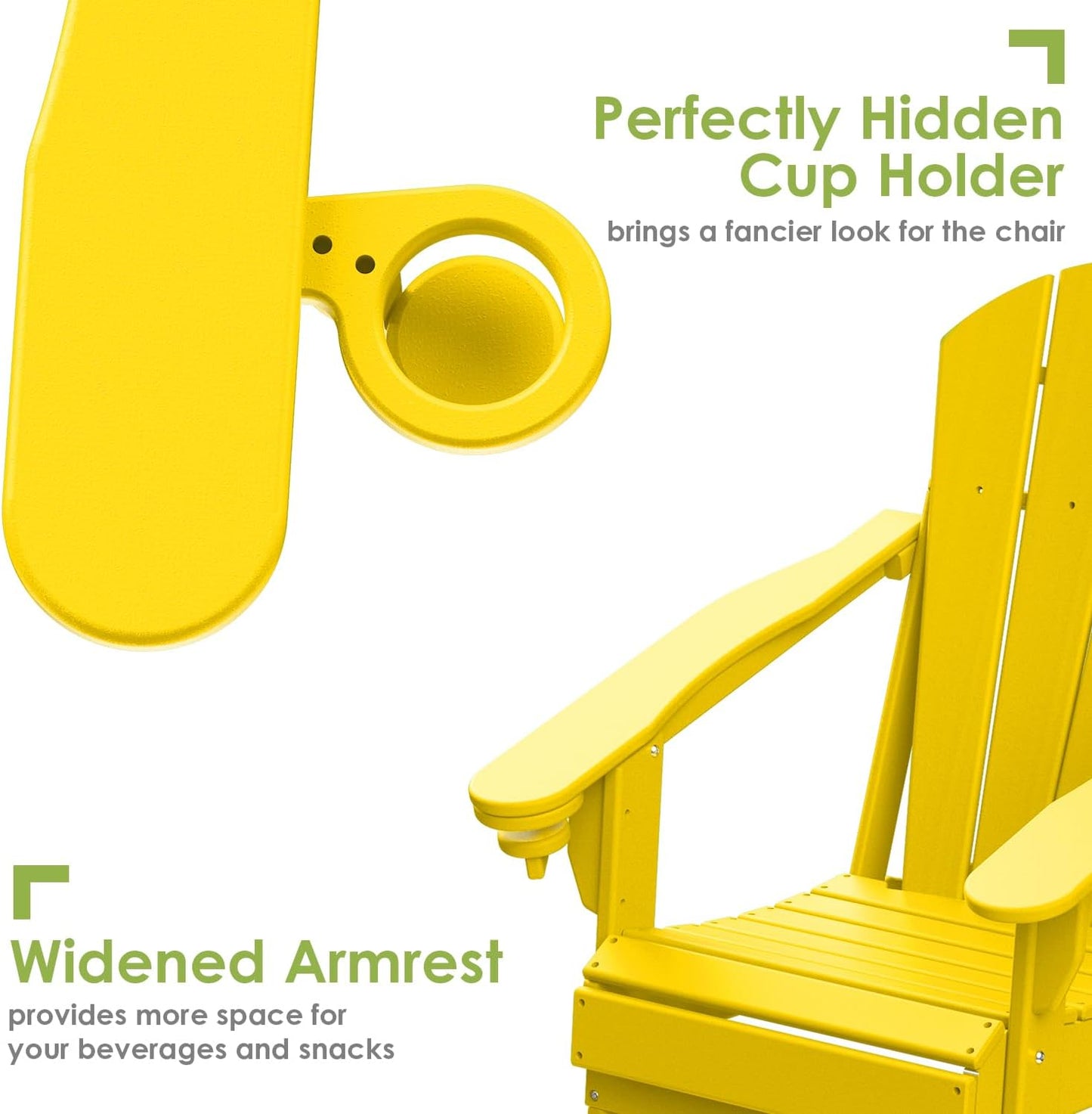 GREENVINES Folding-Adirondack-Chairs-Set-of-2 | HDPE Plastic | Fire Pit Chair | All Weather | Cup Holder | Yellow | for Deck Backyard Patio Outdoor Garden