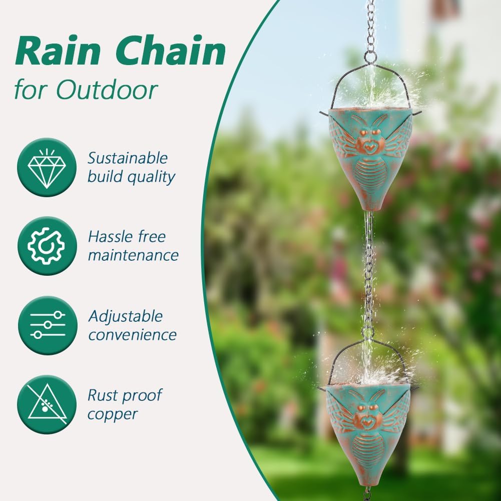 10 FT Rain Chain for Outside, Rain Chain with 10 Bee Pattern Cups Adjustable Rain Catcher Chain for Gutters, Eaves, Drainage, Replacement for Downpout