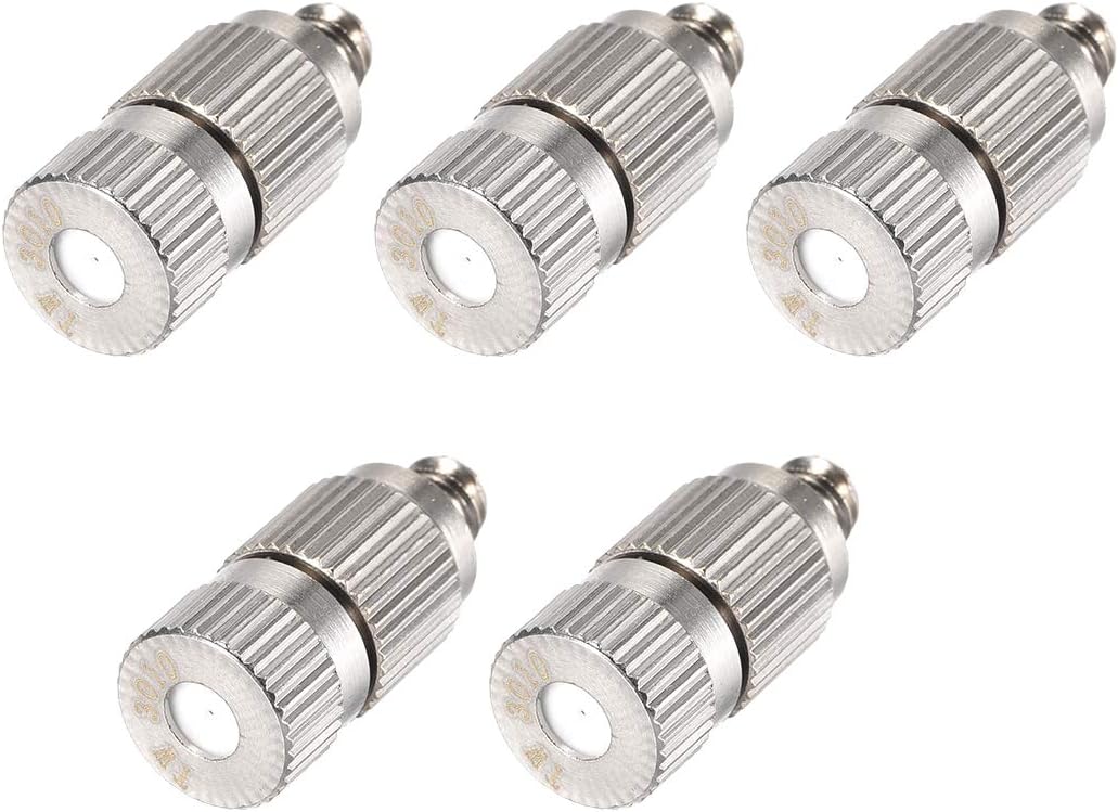 uxcell Brass Misting Nozzle - 3/16-inch Threaded 0.3mm Orifice Dia Fogging Spray Head for Outdoor Cooling System - 5 Pcs Silver Tone