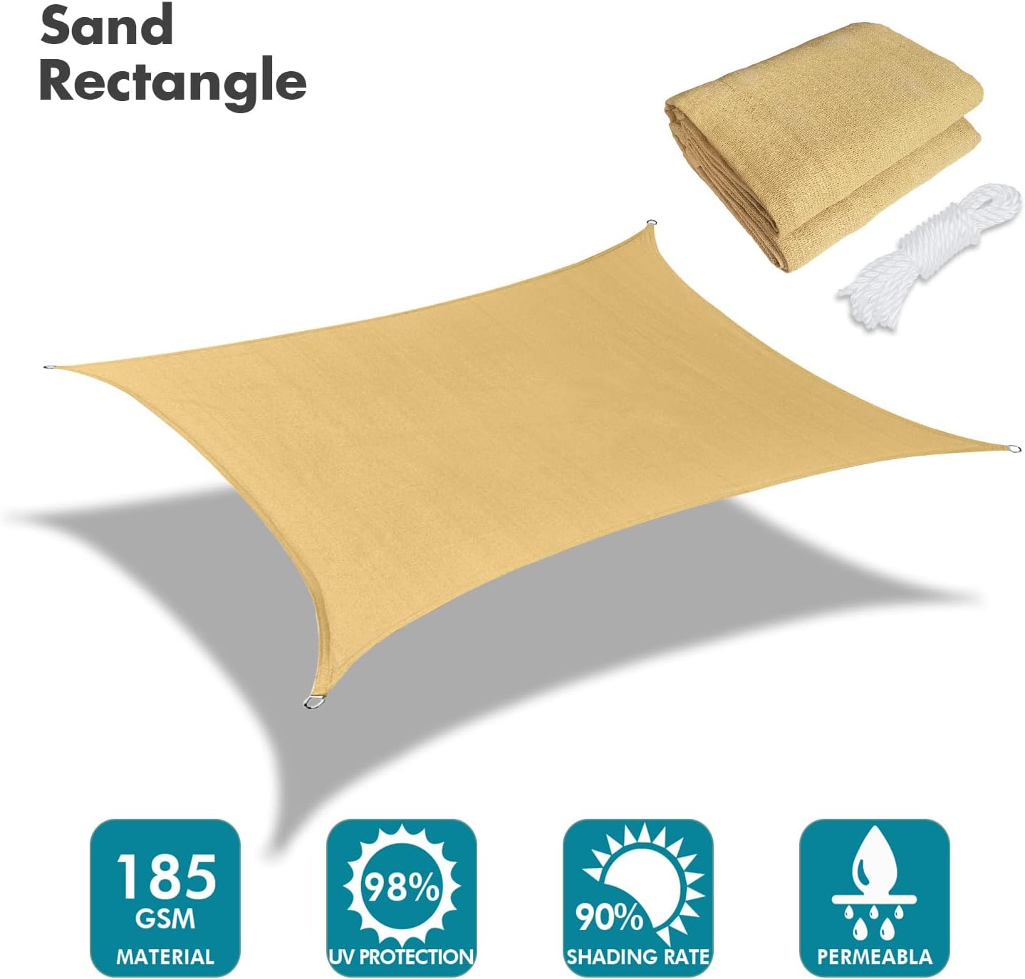 KANAGAWA 8'X12' Sand Custom Size Sun Shade Sail Rectangle UV Block Canopy Cover for Patio Backyard Lawn Garden Outdoor (Customized Available)