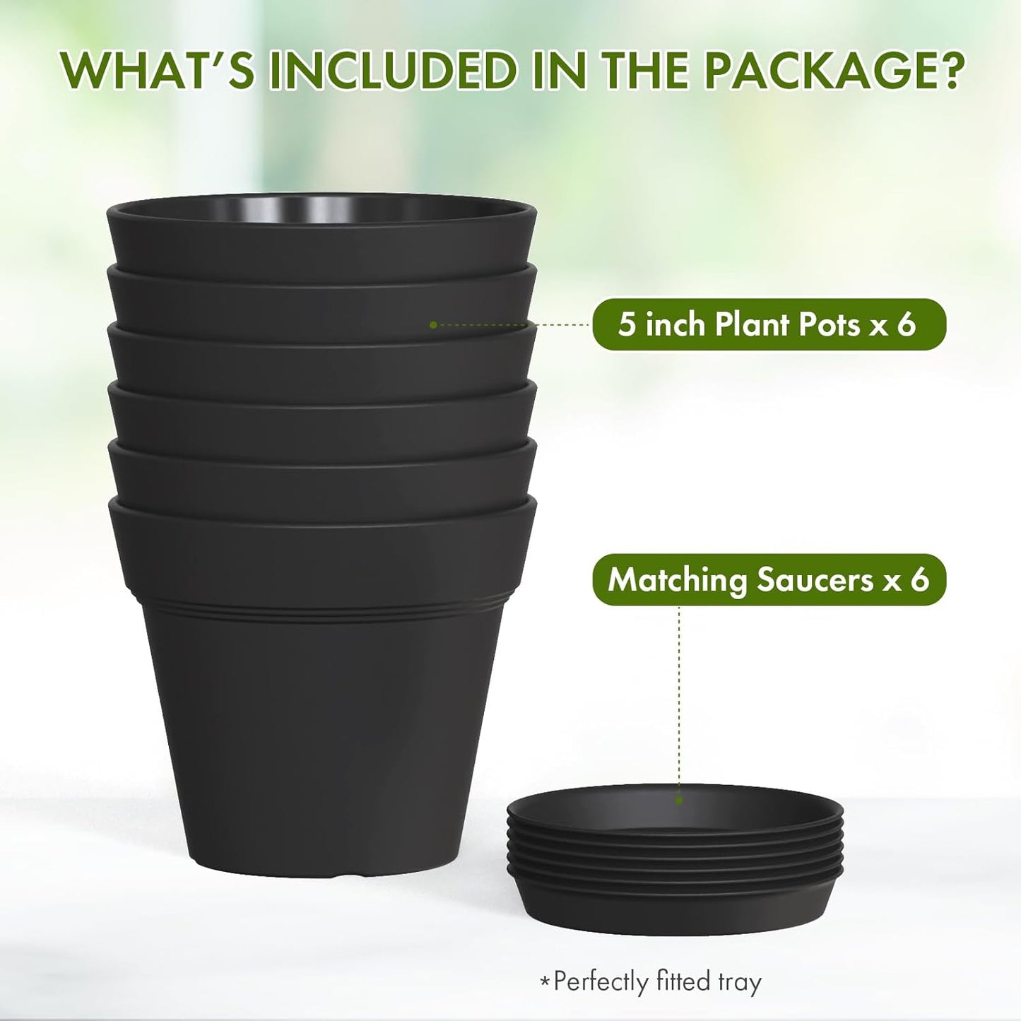 5 Inch Plastic Plant Pots with Drainage Holes and Trays – 6 Pack Small Nursery Pots for Indoor & Outdoor House Plants and Flowers, Seedling Starter Planters, Matte Black