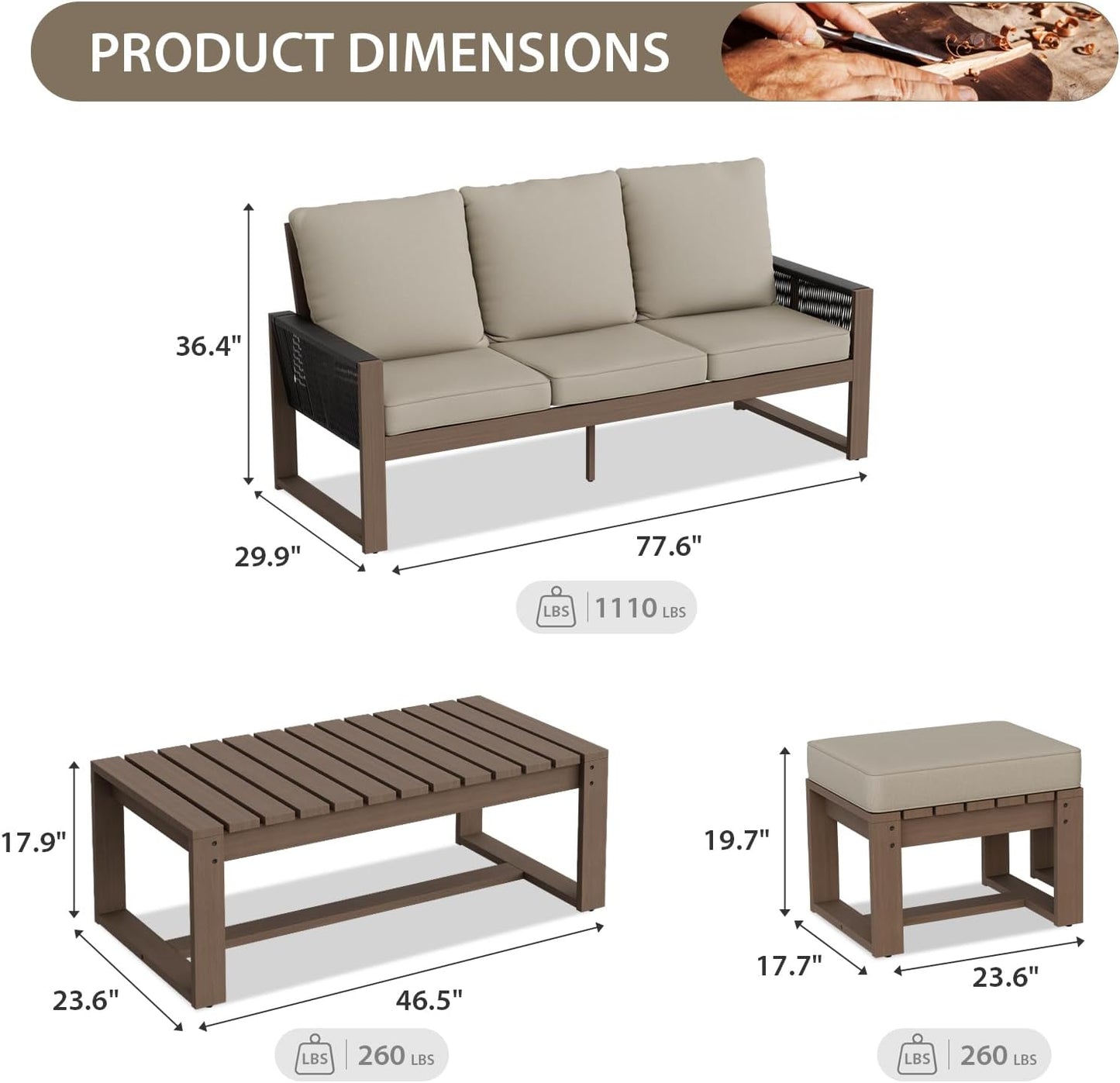EAGLE PEAK Natural Wood Outdoor Patio Furniture, Cedar Furniture, Conversation Set, Outdoor Seating for Deck Patio Porch, Sofa, 2 Ottomans & Coffee Table, 4 Pieces, Brown/Beige