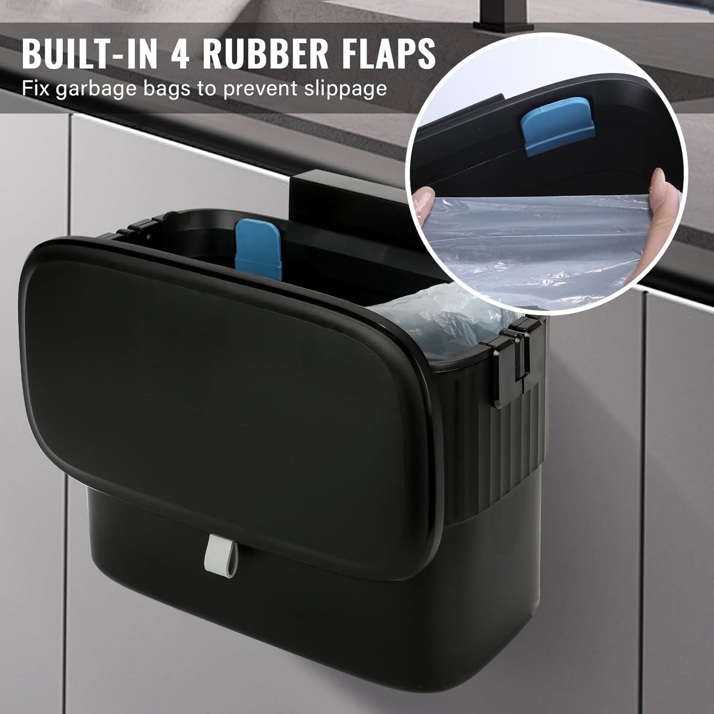 ELPHECO Kitchen Compost Bin with Lid 1.8 Gallon Hanging Trash Can with Lid, 7 Liter Wall-Mounted Garbage Can for Kitchen Cabinet Door, Small Under Sink Trash Can for Counter Top, Bathroom, Black