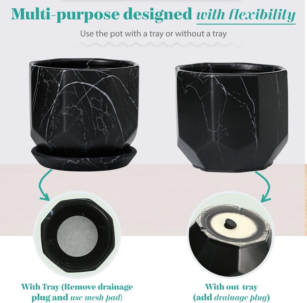Large Marble Black Plant Pot with Drainage Holes and Saucers, Ceramic Pots for Indoor Outdoor Plants, 7 Inch Premium Hand Glazed Planters for Flower, Garden, Succulent, Nursery, Home Decor