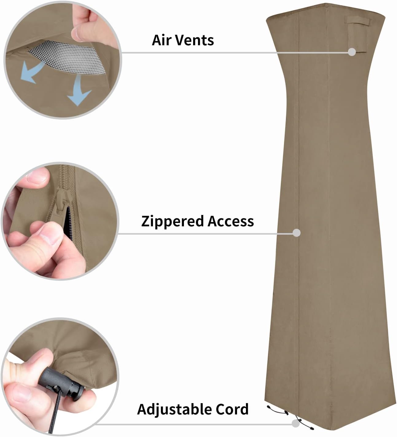 Easy-Going Pyramid Torch Patio Heater Cover with Zipper and Storage Bag, Waterproof Outdoor Heater Cover Dustproof, UV-Resisant, Wind-Resistant (90" H x 23" L x 23" W, Camel)
