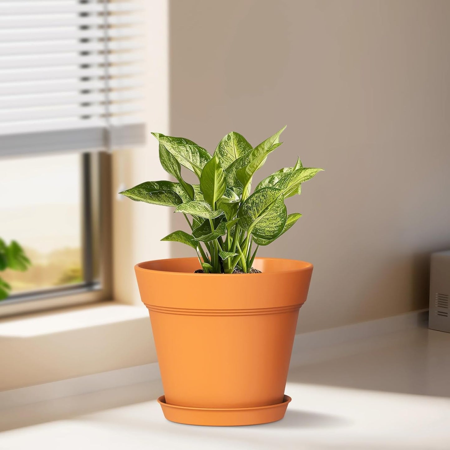 7 Inch Thick Plastic Plant Pots with Drainage Holes and Trays – 6 Pack Nursery Pots for Indoor & Outdoor House Plants, Seedling Starter Planters for Garden Flowers, Terracotta