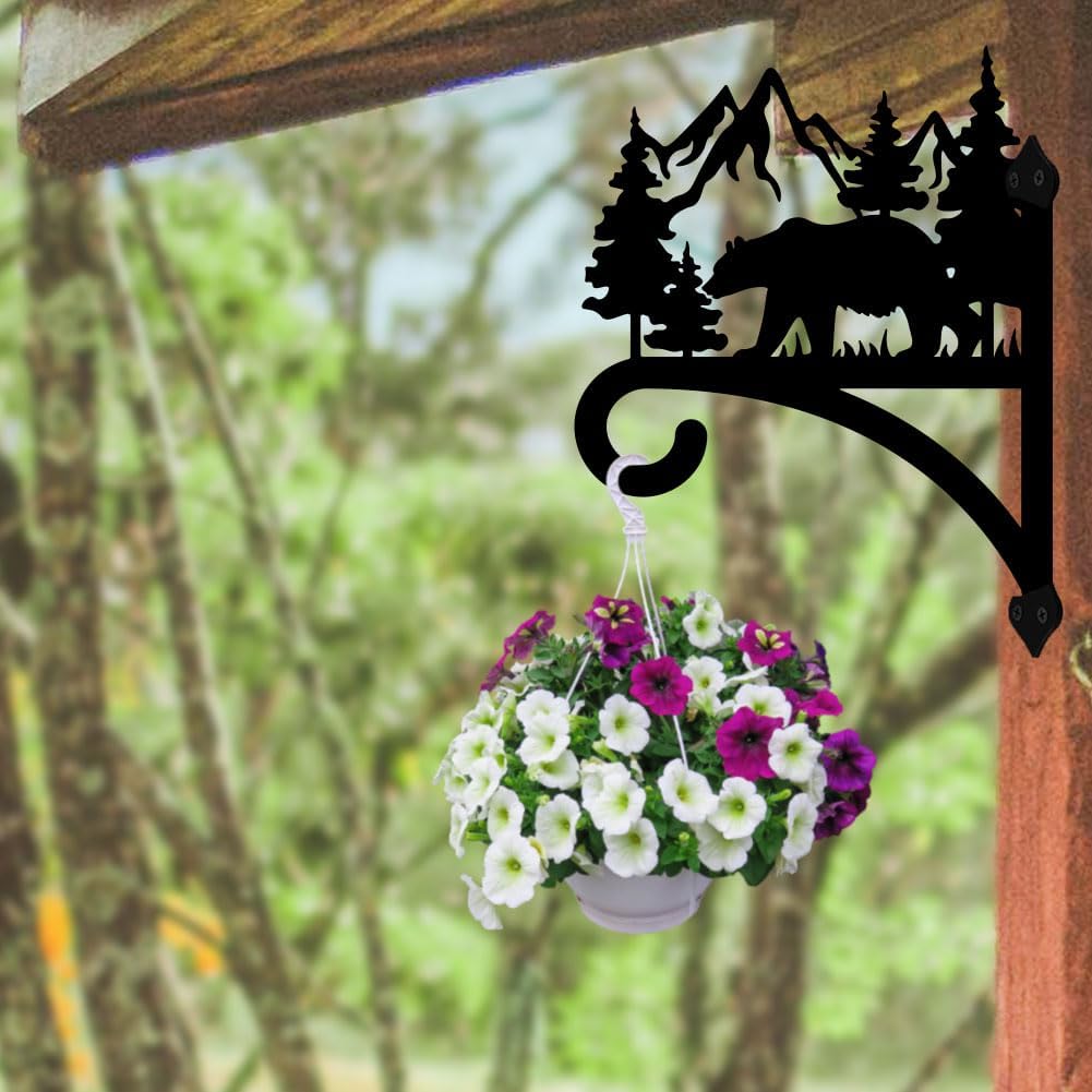 peacoblue Iron Plant Hanger Hook for Outdoor Indoor Hanging Plant Flower Fern Pot Lantern Bird Feeder,12"x15" Weather Resistant Metal Wall Holder for Porch Garden Farmhouse(Forest Bear and Mountain)